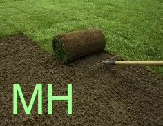 MH Haus- & Gartenservicr Rasen wird auf eine Gartenfläche verlegt, Hände greifen nach einem Rollrasen.